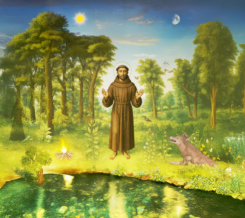Illustrazione digitale Cantico delle Creature San Francesco visione corale IA Pasquale Rossi